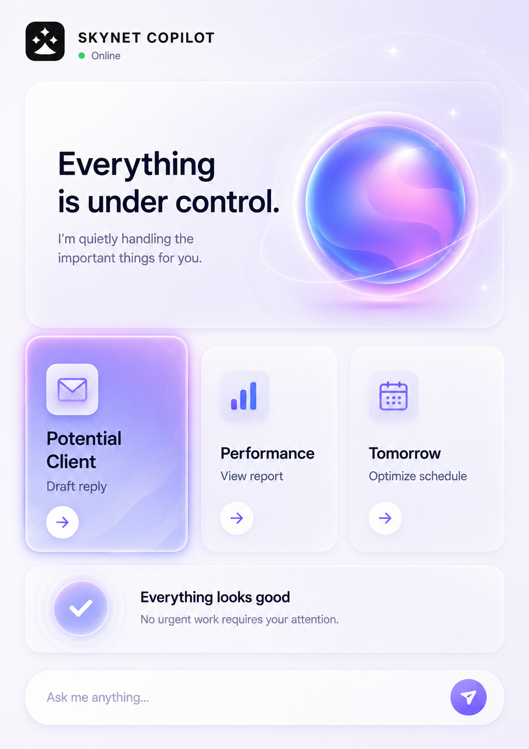 A workspace dashboard with the Copilot answering a performance question in a side panel, without interrupting the main view.