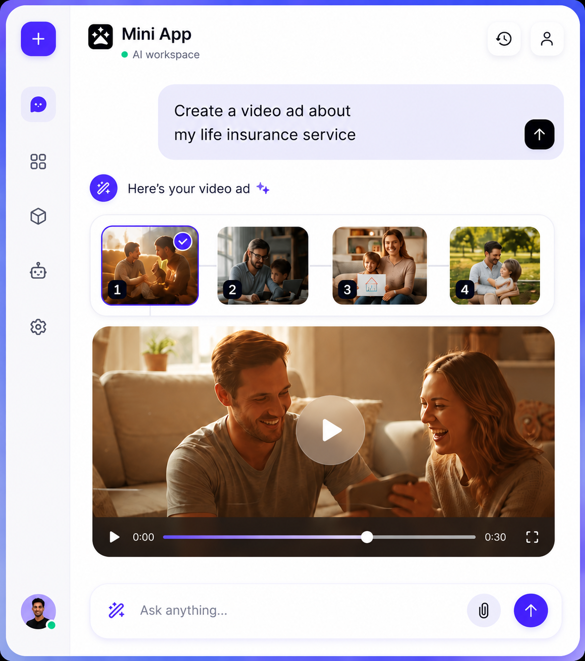 A mini app turning a prompt into a story-boarded, playable video ad inside the Skynet workspace.