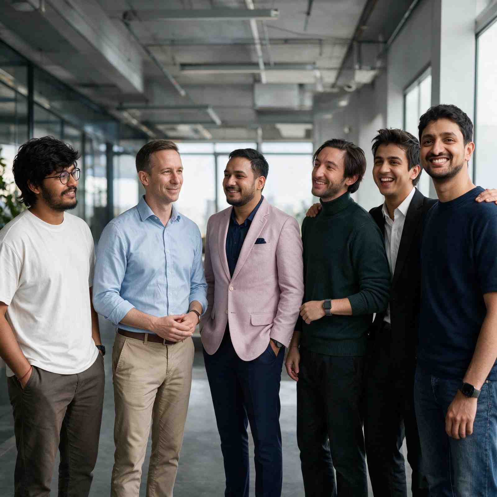 The Skynet team gathered on the office bleacher seating.